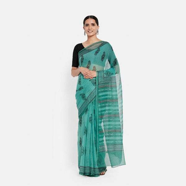 Turquoise Blue & Black Floral Printed Silk Cotton Saree