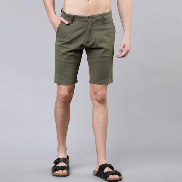 Men Olive Green Solid Slim Fit Chino Shorts