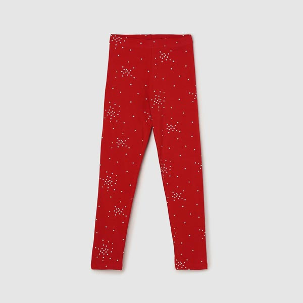 Girls Red Printed Cotton Leggings