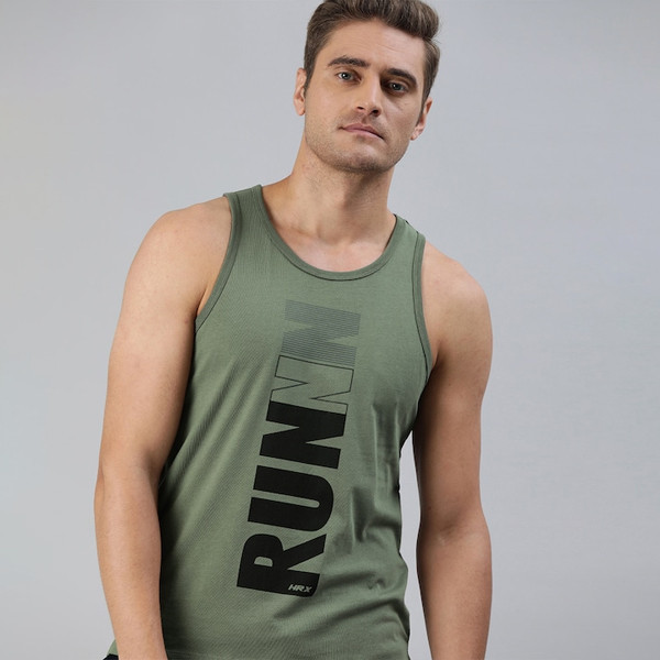 Men Olive Green Solid Pure Cotton Bio-Wash Running Tank Top