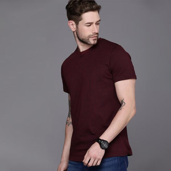 Men Maroon Black Striped Slim Fit Pure Cotton T-shirt