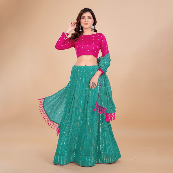 Embroidered Sequinned Semi-Stitched Lehenga & Unstitched Blouse With Dupatta