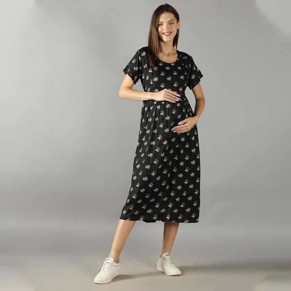 Women Black Printed Maternity Fit and Flare Midi Dress