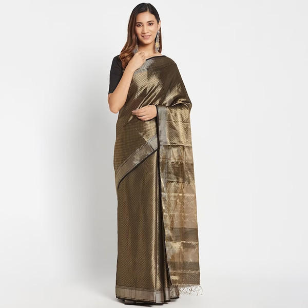 Women Black & Gold-Toned Woven Design Silk Cotton Maheshwari Saree
