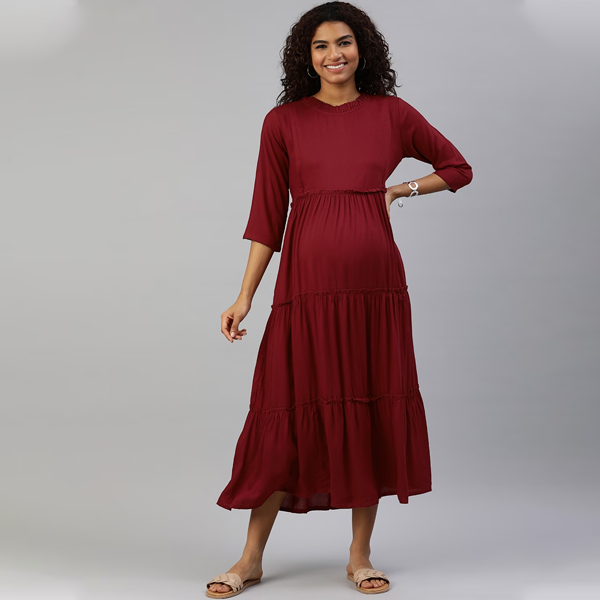 Women Maroon Solid Maternity Nursing Maxi Dress