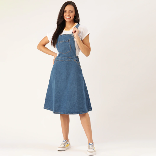 Women Blue Solid Denim Pinafore Dress