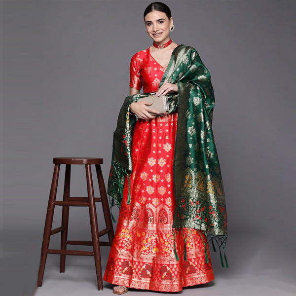 Red & Golden Semi-Stitched Lehenga & Unstitched Blouse With Dupatta