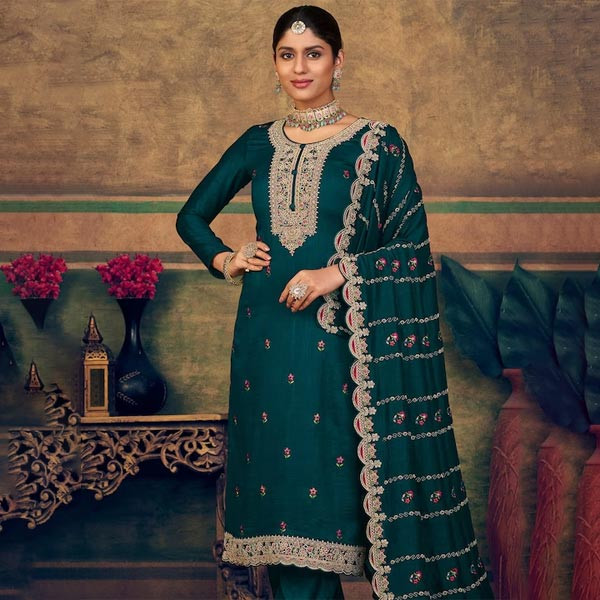 Teal & Red Embroidered Pure Silk Unstitched Dress Material