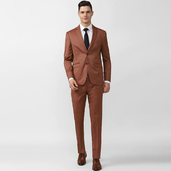Men Brown Self-Design Slim-Fit Single-Breasted Two-Piece Formal Suit