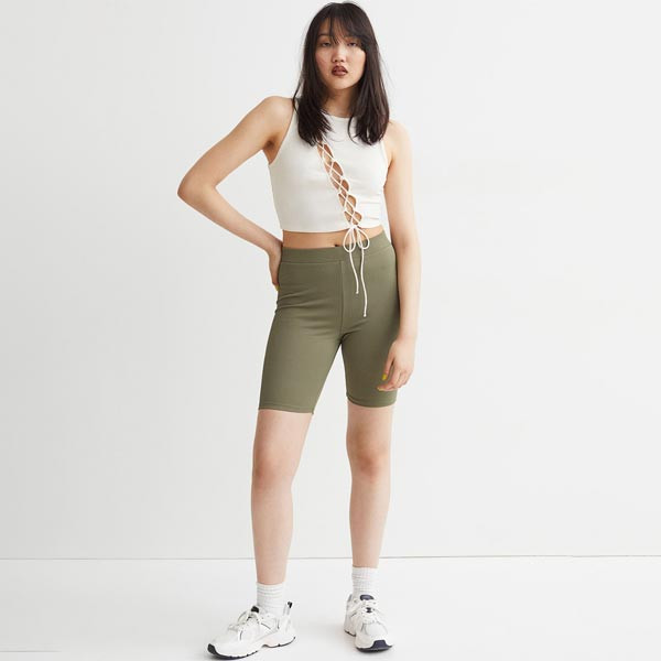 Women Olive Green Ribbed Cycling Shorts