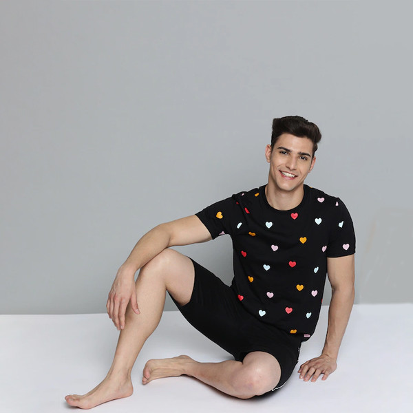 Men Black & White Printed Cotton Night suit