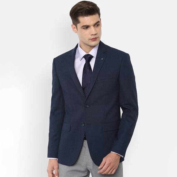 Men Navy Blue Pure Cotton Single-Breasted Slim-Fit Formal Blazers