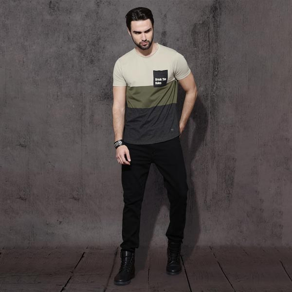 Men Beige Colourblocked Raw Edge T-shirt