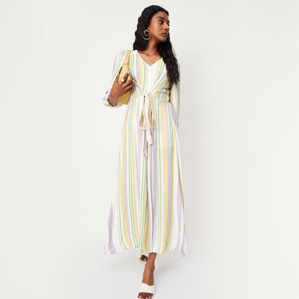 Striped V-Neck A-line Maxi Dress
