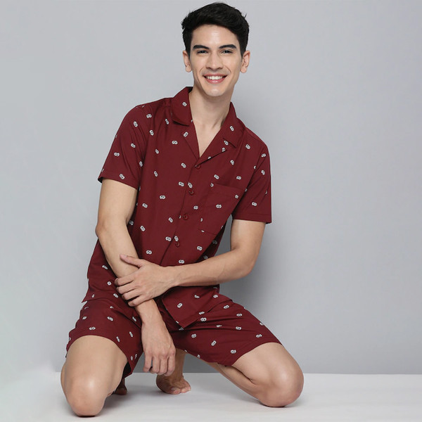 Men Maroon Printed Night suit
