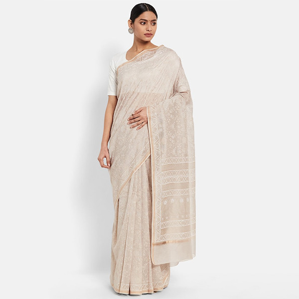 Grey & White Floral Block Print Saree